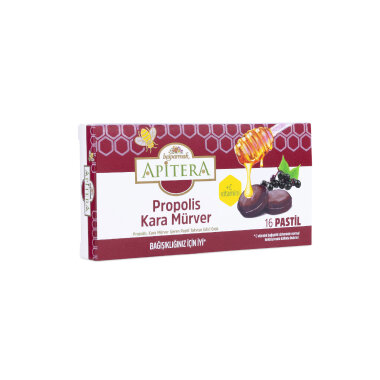 Apitera Doğal Bal, Kara Mürver, Zerdeçal, C Vitamini ve Propolis İçeren Takviye Edici 16’lı Boğaz Pastili - Apitera (1)