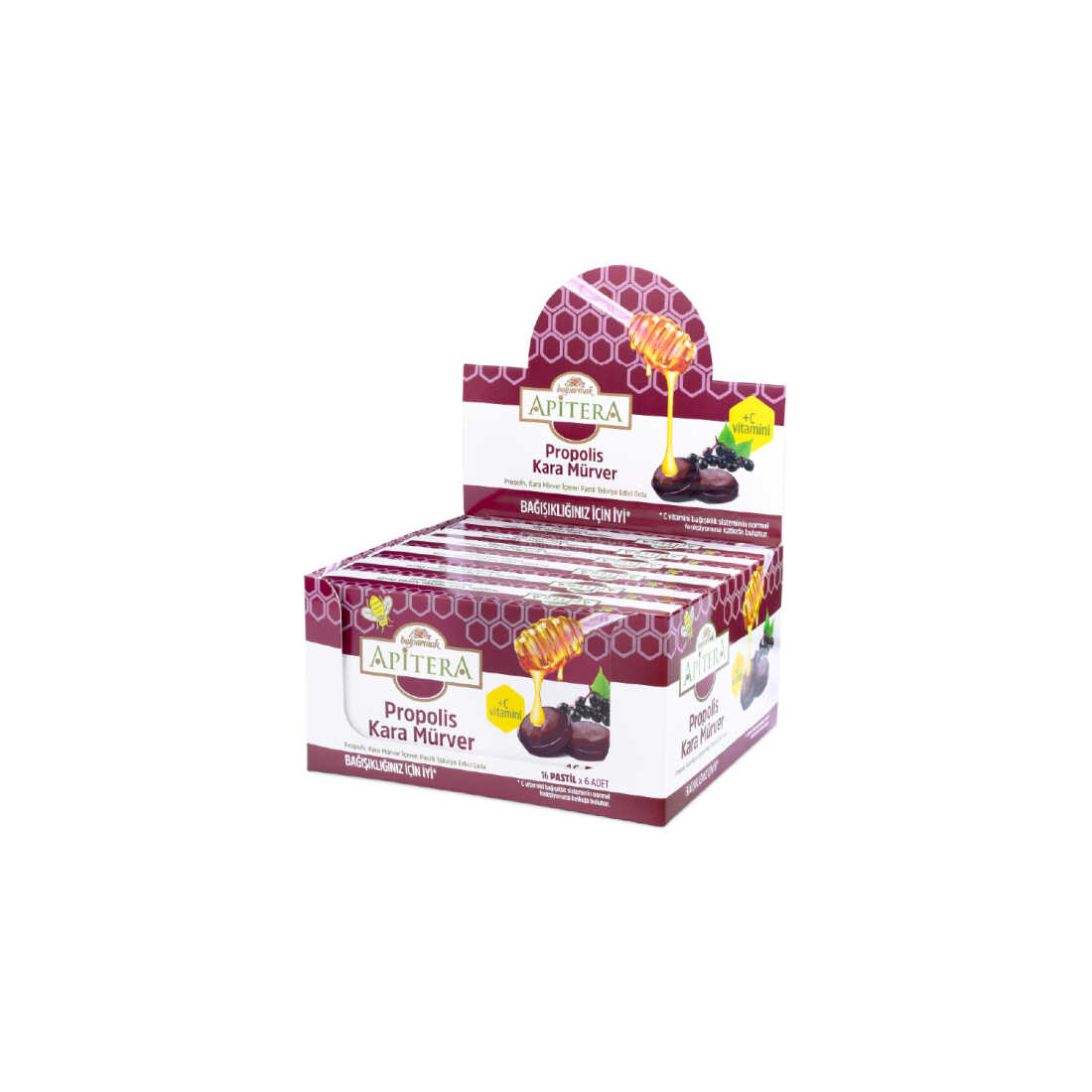 Apitera Doğal Bal, Kara Mürver, Zerdeçal, C Vitamini ve Propolis İçeren Takviye Edici 96’lı Boğaz Pastili