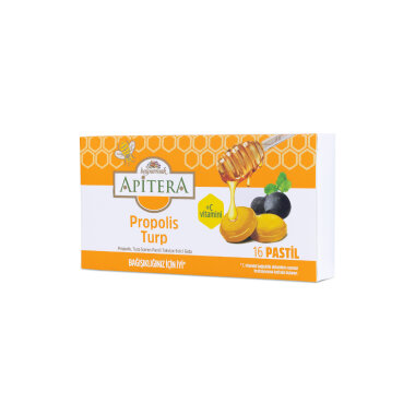 Apitera Doğal Bal, Turp, Kurkumin, C Vitamini ve Propolis İçeren Takviye Edici 16’lı Boğaz Pastili 