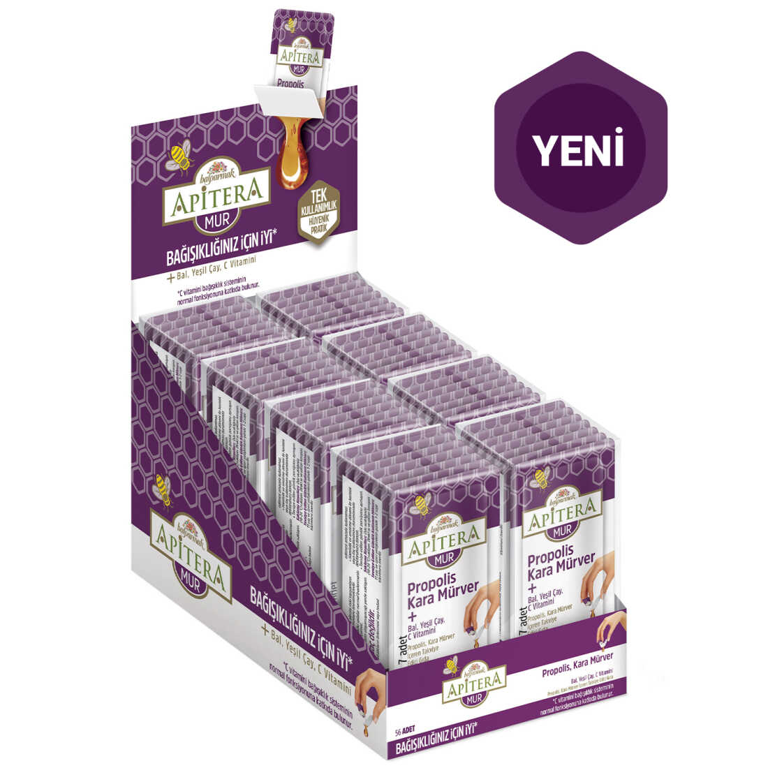 Apitera MUR Doğal Bal, C Vitamini, Kara Mürver, Yeşil Çay ve Propolis İçeren Takviye Edici 56'lı Saşe